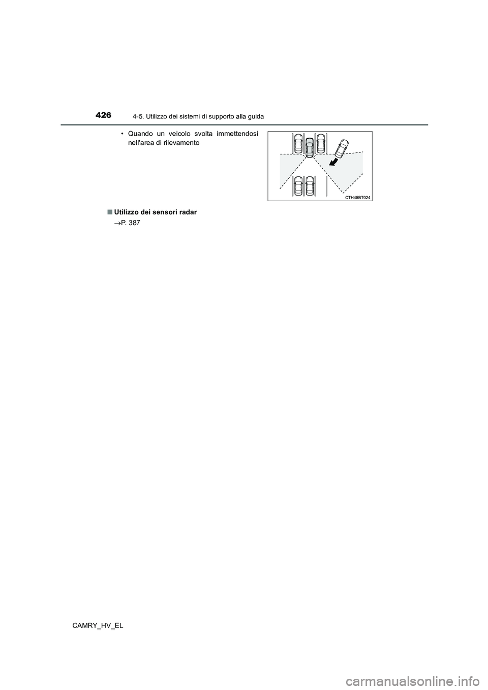 TOYOTA CAMRY 2020 Manuale duso (in Italian) 4264-5. Utilizzo dei sistemi di supporto alla guida
CAMRY_HV_EL■Utilizzo dei sensori radar
→P. 3 8 7 • Quando un veicolo svolta immettendosi
nellarea di rilevamento TOYOTA CAMRY 2020 Manuale duso (in Italian) 4264-5. Utilizzo dei sistemi di supporto alla guida
CAMRY_HV_EL■Utilizzo dei sensori radar
→P. 3 8 7 • Quando un veicolo svolta immettendosi
nellarea di rilevamento