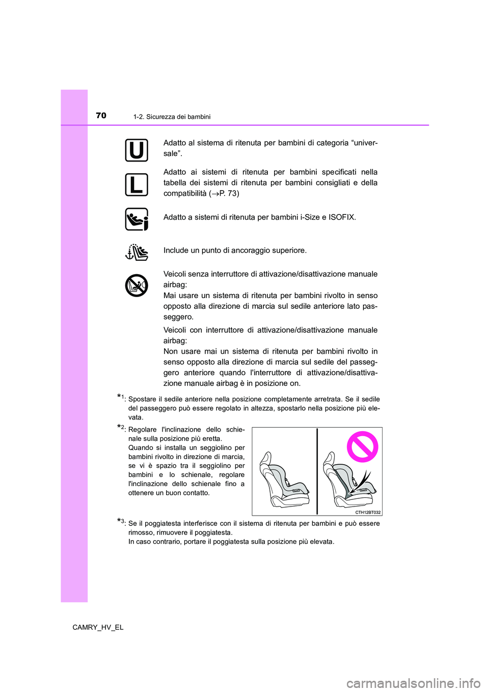 TOYOTA CAMRY 2020 Manuale duso (in Italian) 701-2. Sicurezza dei bambini
CAMRY_HV_EL
*1: Spostare il sedile anteriore nella posizione completamente arretrata. Se il sedile
del passeggero può essere regolato in altezza, spostarlo nella posizion TOYOTA CAMRY 2020 Manuale duso (in Italian) 701-2. Sicurezza dei bambini
CAMRY_HV_EL
*1: Spostare il sedile anteriore nella posizione completamente arretrata. Se il sedile
del passeggero può essere regolato in altezza, spostarlo nella posizion