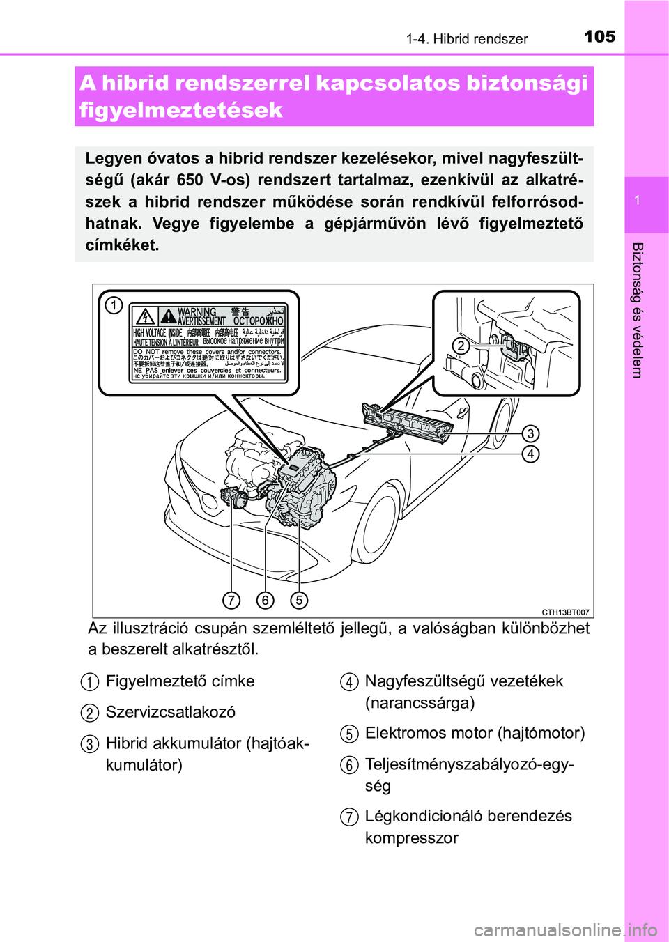 TOYOTA CAMRY 2020  Kezelési útmutató (in Hungarian) 1051-4. Hibrid rendszer
1
Biztonság és védelem
Az  illusztráció  csupán  szemléltető  jellegű,  a  valóságban  különbözhet
a beszerelt alkatrésztől.
A hibrid rendszerrel ka pcsolatos b