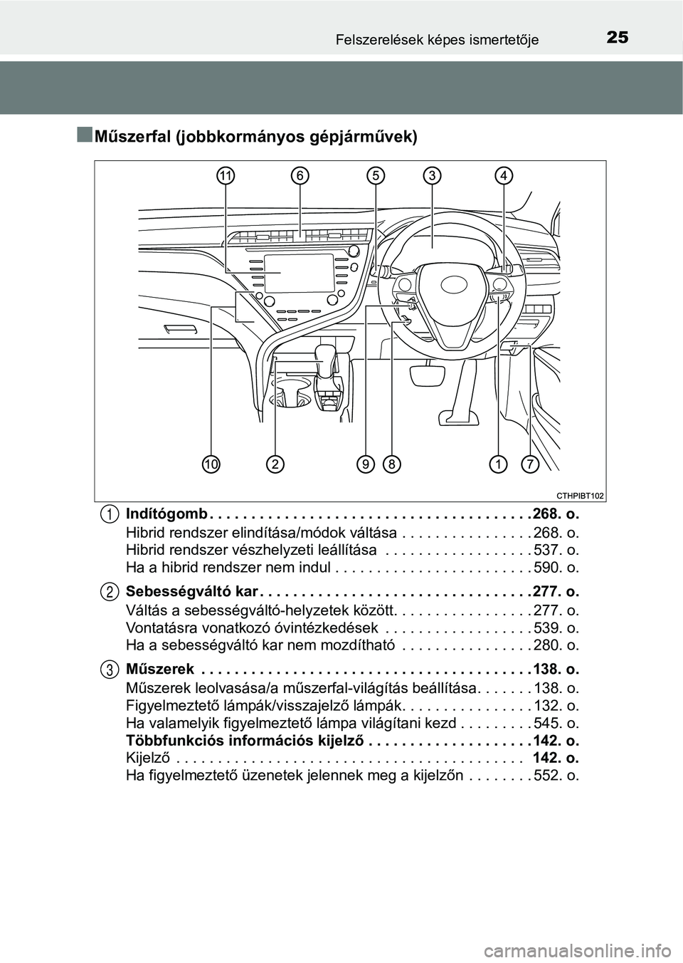 TOYOTA CAMRY 2020 Kezelési útmutató (in Hungarian) 25Felszerelések képes ismertetője
nMűszerfal (jobbkormányos gépjárművek)
Indítógomb . . . . . . . . . . . . . . . . . . . . . . . . . . . . . . . . . . . . . . . 268. o.
Hibrid rendszer elin TOYOTA CAMRY 2020 Kezelési útmutató (in Hungarian) 25Felszerelések képes ismertetője
nMűszerfal (jobbkormányos gépjárművek)
Indítógomb . . . . . . . . . . . . . . . . . . . . . . . . . . . . . . . . . . . . . . . 268. o.
Hibrid rendszer elin