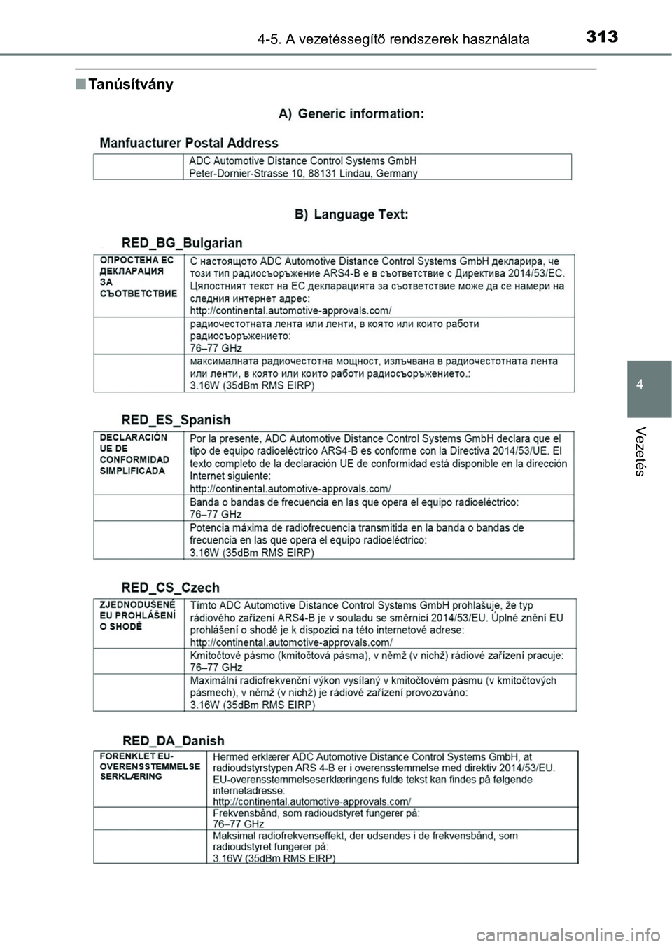 TOYOTA CAMRY 2020  Kezelési útmutató (in Hungarian) 3134-5. A vezetéssegítő rendszerek használata
4
Vezetés
nTanúsítvány 