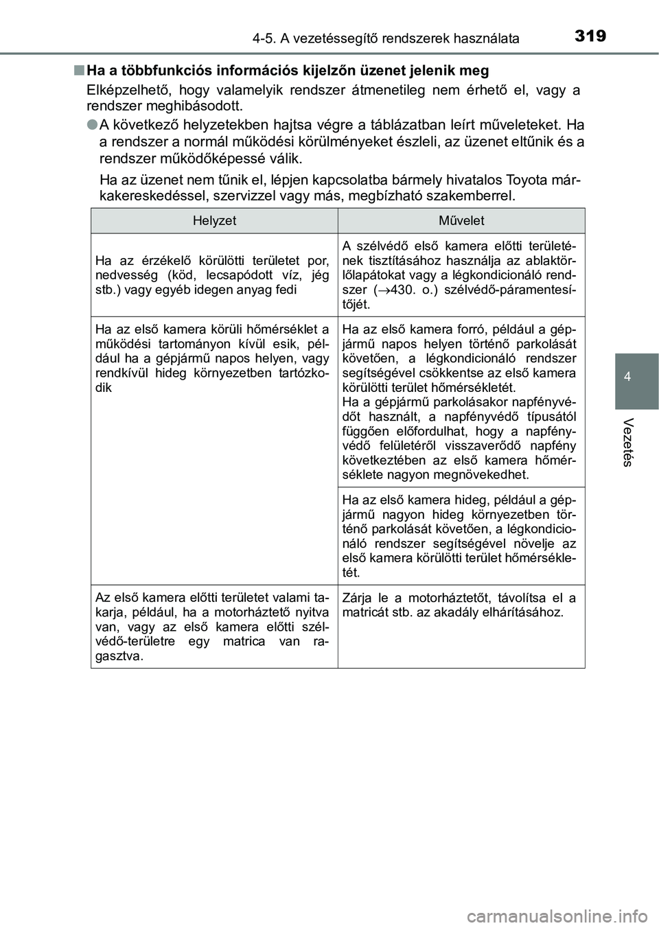 TOYOTA CAMRY 2020 Kezelési útmutató (in Hungarian) 3194-5. A vezetéssegítő rendszerek használata
4
Vezetés
nHa a többfunkciós információs kijelzőn üzenet jelenik meg
Elképzelhető, hogy valamelyik rendszer átmenetileg nem érhető TOYOTA CAMRY 2020 Kezelési útmutató (in Hungarian) 3194-5. A vezetéssegítő rendszerek használata
4
Vezetés
nHa a többfunkciós információs kijelzőn üzenet jelenik meg
Elképzelhető, hogy valamelyik rendszer átmenetileg nem érhető