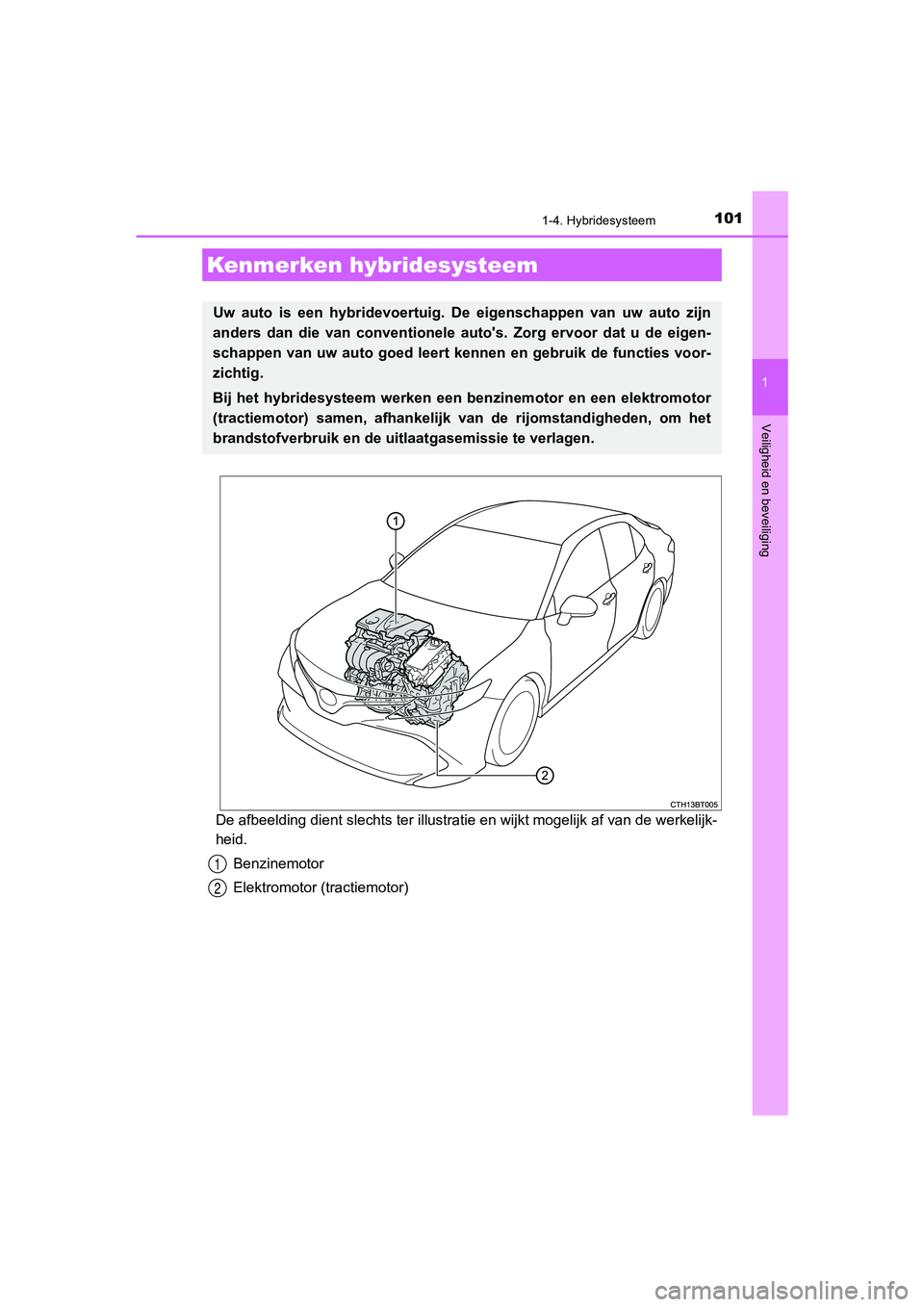 TOYOTA CAMRY 2020  Instructieboekje (in Dutch) 101
1
Veiligheid en beveiliging
CAMRY_HV_EE
1-4. Hybridesysteem
De afbeelding dient slechts ter illustratie en wijkt mogelijk af van de werkelijk-
heid.Benzinemotor
Elektromotor (tractiemotor)
Kenmerk