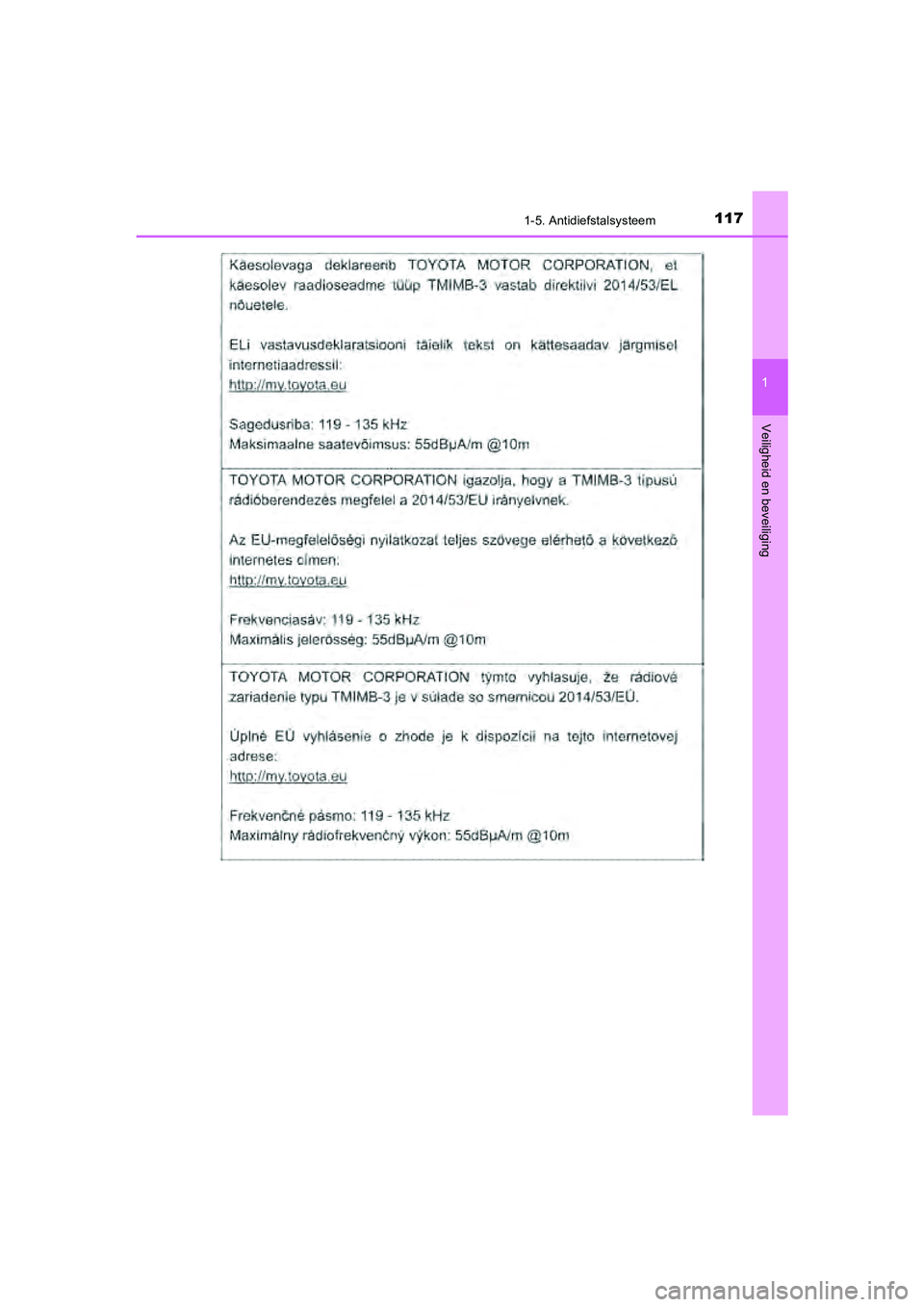TOYOTA CAMRY 2020  Instructieboekje (in Dutch) 1171-5. Antidiefstalsysteem
1
Veiligheid en beveiliging
CAMRY_HV_EE
CAMRY_HV_OM_Europe_OM33E11E.book  Page 117  Monday, October 7, 2019  12:19 PM 