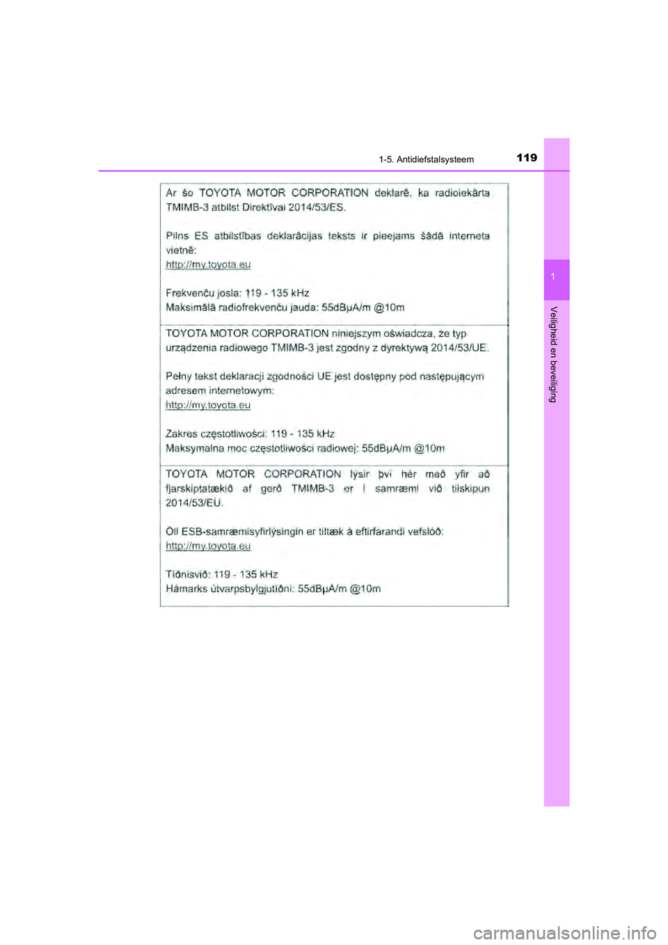 TOYOTA CAMRY 2020  Instructieboekje (in Dutch) 1191-5. Antidiefstalsysteem
1
Veiligheid en beveiliging
CAMRY_HV_EE
CAMRY_HV_OM_Europe_OM33E11E.book  Page 119  Monday, October 7, 2019  12:19 PM 