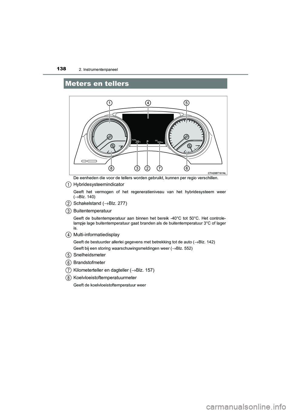 TOYOTA CAMRY 2020  Instructieboekje (in Dutch) 1382. Instrumentenpaneel
CAMRY_HV_EEDe eenheden die voor de tellers worden gebruikt, kunnen per reg
io verschillen.
Hybridesysteemindicator
Geeft  het  vermogen  of  het  regeneratieniveau  van  het  