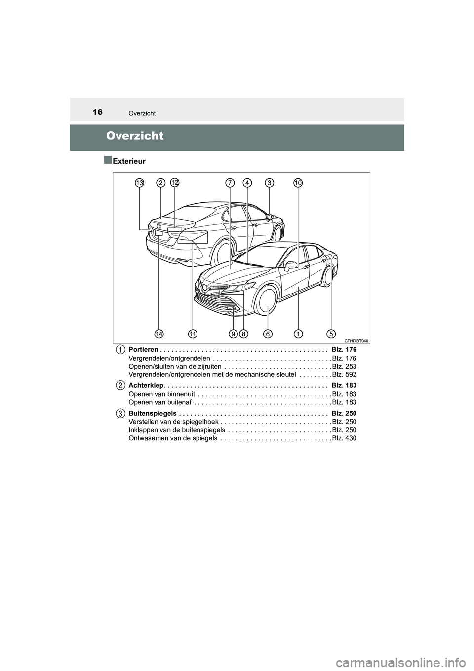 TOYOTA CAMRY 2020 Instructieboekje (in Dutch) 16
CAMRY_HV_EE
Overzicht
Overzicht
■
Exterieur
Portieren . . . . . . . . . . . . . . . . . . . . . . . . . . . . . . . . . . . . . . . . . . . . . Blz. 176
Vergrendelen/ontgrendelen . . . . . . . TOYOTA CAMRY 2020 Instructieboekje (in Dutch) 16
CAMRY_HV_EE
Overzicht
Overzicht
■
Exterieur
Portieren . . . . . . . . . . . . . . . . . . . . . . . . . . . . . . . . . . . . . . . . . . . . . Blz. 176
Vergrendelen/ontgrendelen . . . . . . .