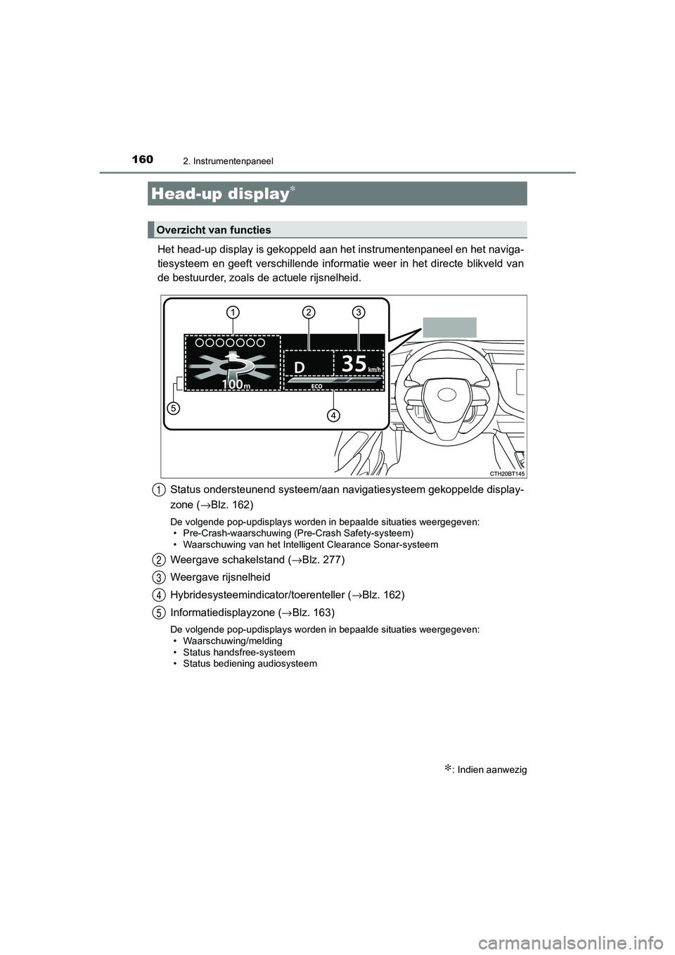 TOYOTA CAMRY 2020 Instructieboekje (in Dutch) 1602. Instrumentenpaneel
CAMRY_HV_EE
Het head-up display is gekoppeld aan het instrumentenpaneel en het naviga-
tiesysteem en geeft verschillende informatie weer in het directe blikveld van
TOYOTA CAMRY 2020 Instructieboekje (in Dutch) 1602. Instrumentenpaneel
CAMRY_HV_EE
Het head-up display is gekoppeld aan het instrumentenpaneel en het naviga-
tiesysteem en geeft verschillende informatie weer in het directe blikveld van