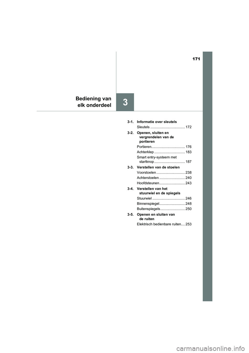 TOYOTA CAMRY 2020 Instructieboekje (in Dutch) 171
3
Bediening vanelk onderdeel
CAMRY_HV_EE 3-1. Informatie over sleutels
Sleutels ................................... 172
3-2. Openen, sluiten en vergrendelen van de
portieren
Portieren......... TOYOTA CAMRY 2020 Instructieboekje (in Dutch) 171
3
Bediening vanelk onderdeel
CAMRY_HV_EE 3-1. Informatie over sleutels
Sleutels ................................... 172
3-2. Openen, sluiten en vergrendelen van de
portieren
Portieren.........