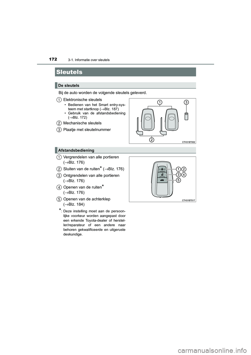TOYOTA CAMRY 2020 Instructieboekje (in Dutch) 172
CAMRY_HV_EE
3-1. Informatie over sleutels
Bij de auto worden de volgende sleutels geleverd.Elektronische sleutels
• Bedienen van het Smart entry-sys-teem met startknop ( →Blz. 187)
• Geb TOYOTA CAMRY 2020 Instructieboekje (in Dutch) 172
CAMRY_HV_EE
3-1. Informatie over sleutels
Bij de auto worden de volgende sleutels geleverd.Elektronische sleutels
• Bedienen van het Smart entry-sys-teem met startknop ( →Blz. 187)
• Geb