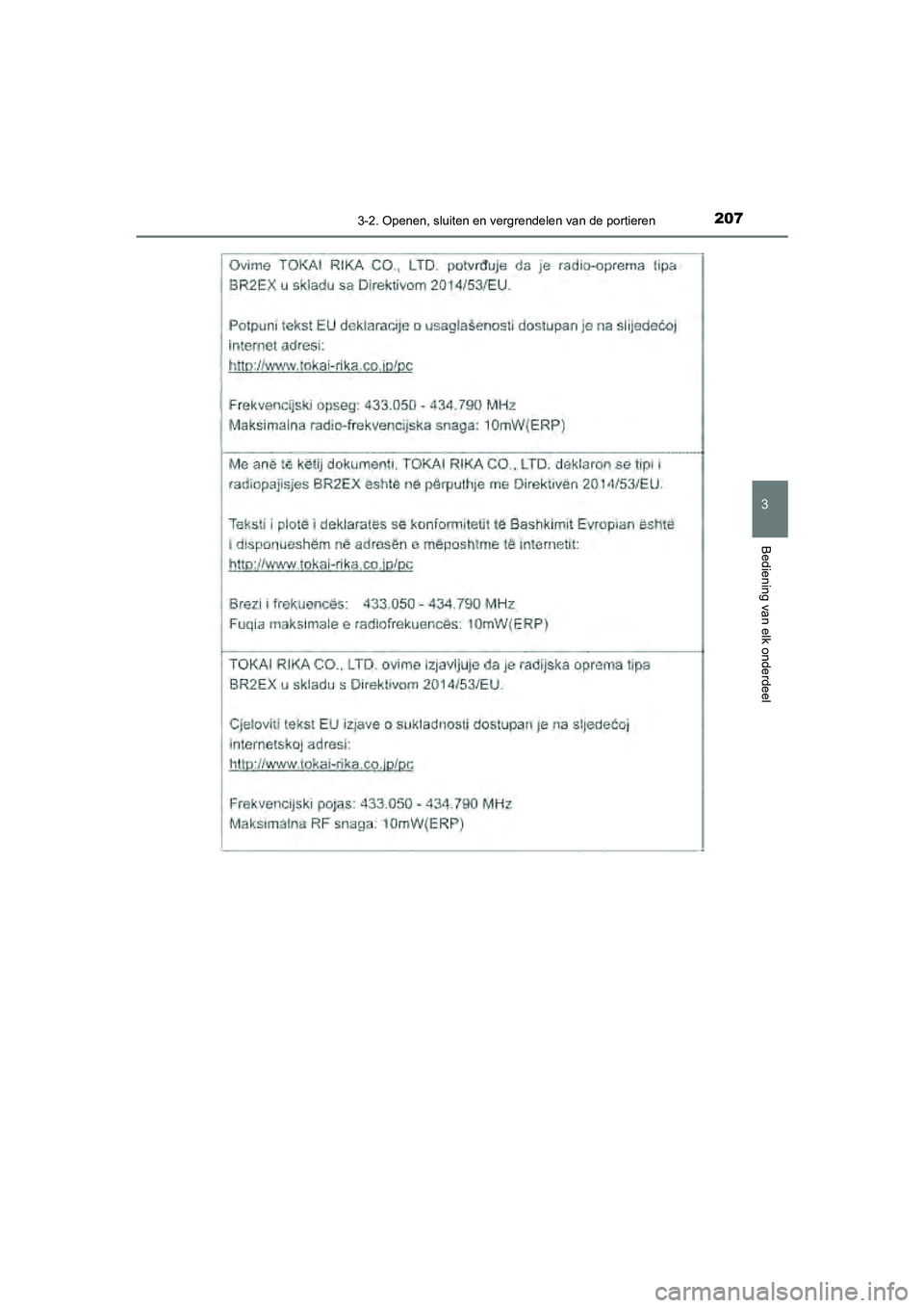 TOYOTA CAMRY 2020  Instructieboekje (in Dutch) 2073-2. Openen, sluiten en vergrendelen van de portieren
CAMRY_HV_EE
3
Bediening van elk onderdeel
CAMRY_HV_OM_Europe_OM33E11E.book  Page 207  Monday, October 7, 2019  12:19 PM 