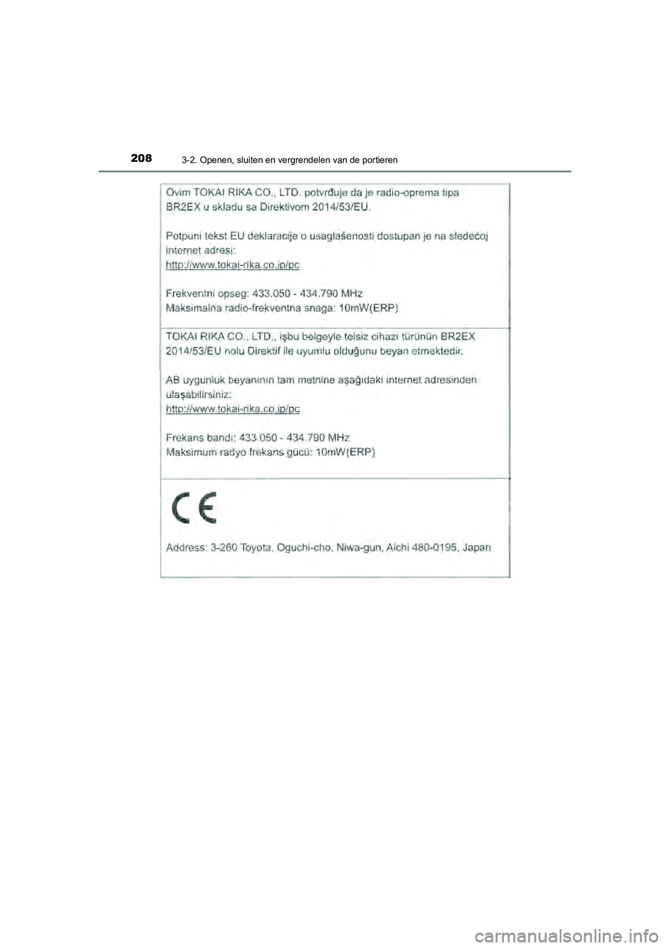 TOYOTA CAMRY 2020  Instructieboekje (in Dutch) 2083-2. Openen, sluiten en vergrendelen van de portieren
CAMRY_HV_EE
CAMRY_HV_OM_Europe_OM33E11E.book  Page 208  Monday, October 7, 2019  12:19 PM 