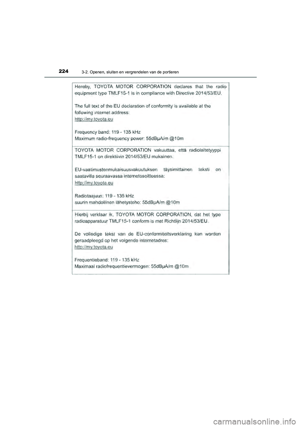 TOYOTA CAMRY 2020  Instructieboekje (in Dutch) 2243-2. Openen, sluiten en vergrendelen van de portieren
CAMRY_HV_EE
CAMRY_HV_OM_Europe_OM33E11E.book  Page 224  Monday, October 7, 2019  12:19 PM 