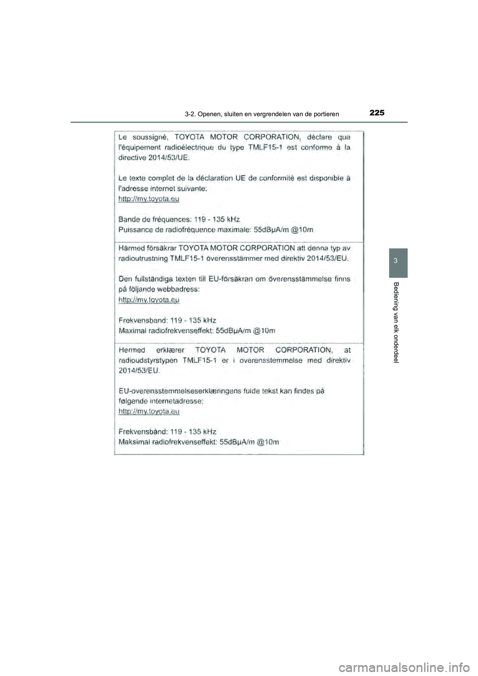 TOYOTA CAMRY 2020  Instructieboekje (in Dutch) 2253-2. Openen, sluiten en vergrendelen van de portieren
CAMRY_HV_EE
3
Bediening van elk onderdeel
CAMRY_HV_OM_Europe_OM33E11E.book  Page 225  Monday, October 7, 2019  12:19 PM 