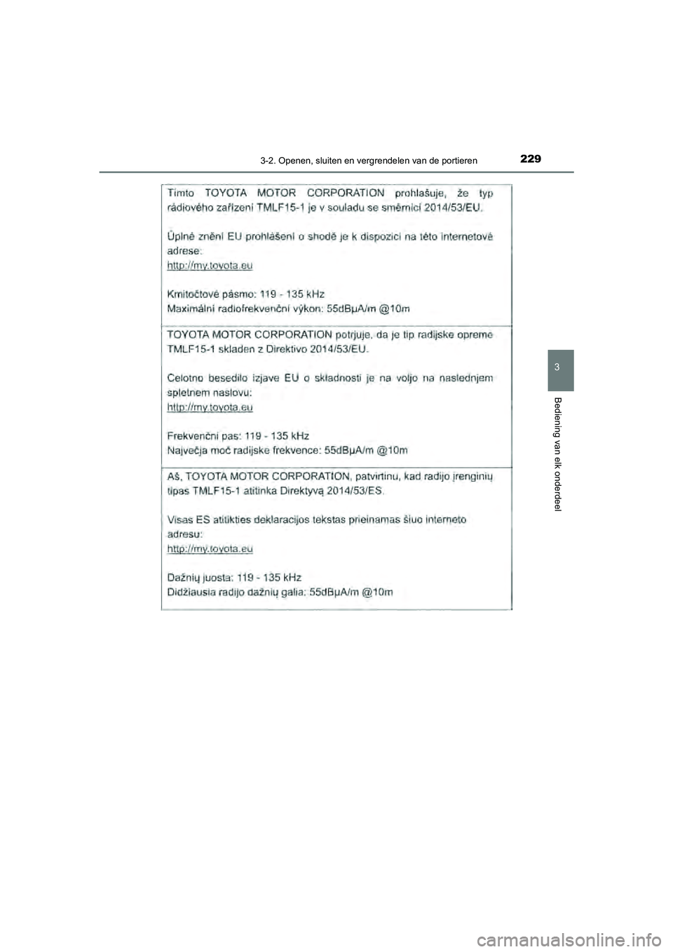 TOYOTA CAMRY 2020  Instructieboekje (in Dutch) 2293-2. Openen, sluiten en vergrendelen van de portieren
CAMRY_HV_EE
3
Bediening van elk onderdeel
CAMRY_HV_OM_Europe_OM33E11E.book  Page 229  Monday, October 7, 2019  12:19 PM 