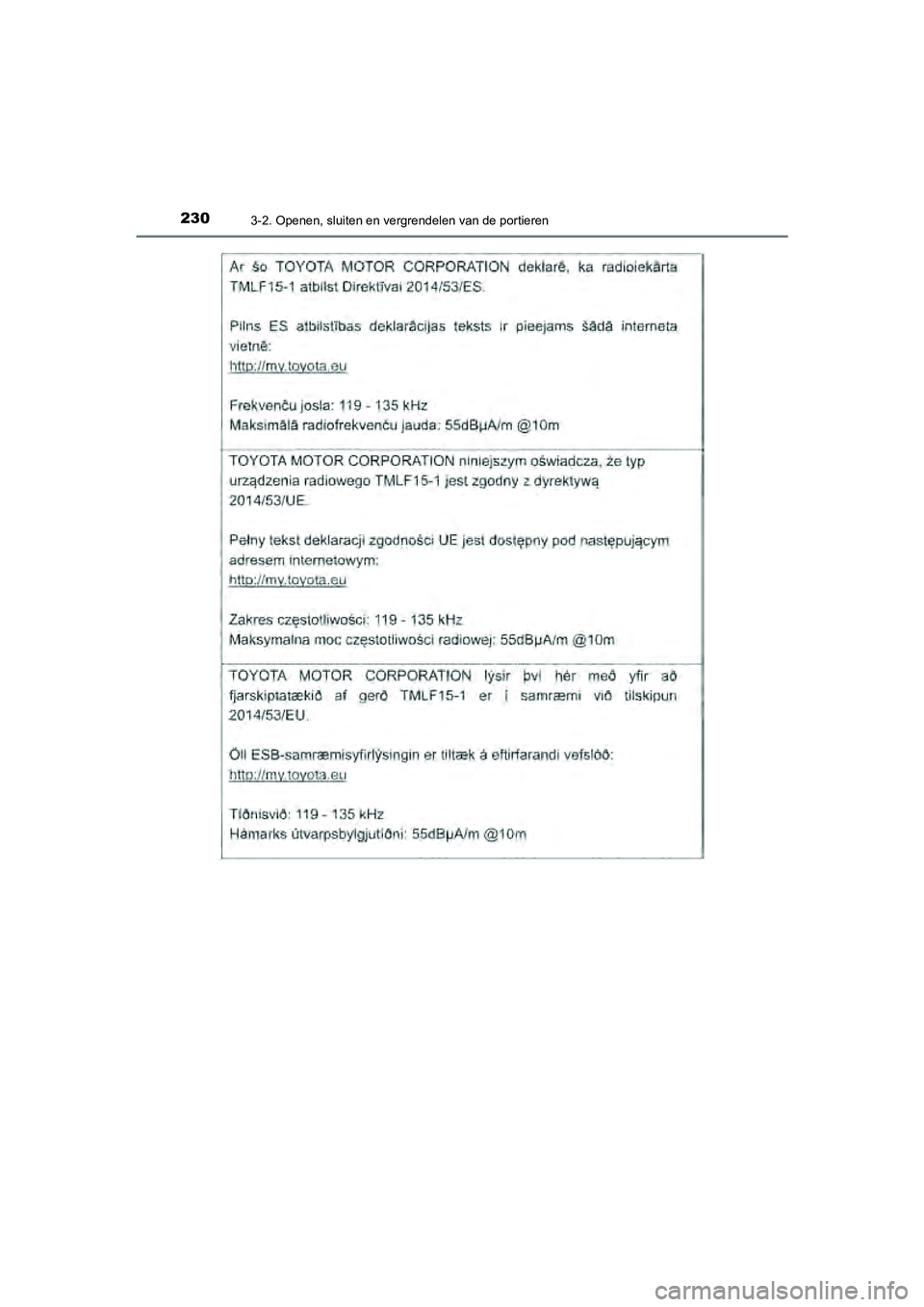 TOYOTA CAMRY 2020  Instructieboekje (in Dutch) 2303-2. Openen, sluiten en vergrendelen van de portieren
CAMRY_HV_EE
CAMRY_HV_OM_Europe_OM33E11E.book  Page 230  Monday, October 7, 2019  12:19 PM 