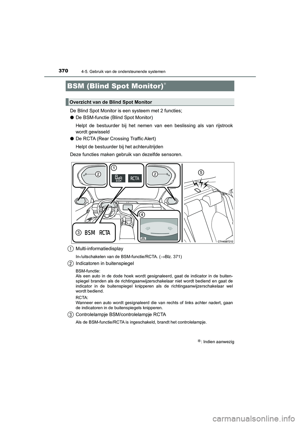 TOYOTA CAMRY 2020  Instructieboekje (in Dutch) 3704-5. Gebruik van de ondersteunende systemen
CAMRY_HV_EE
De Blind Spot Monitor is een systeem met 2 functies;
●De BSM-functie (Blind Spot Monitor)
Helpt  de  bestuurder  bij  het  nemen  van  een 