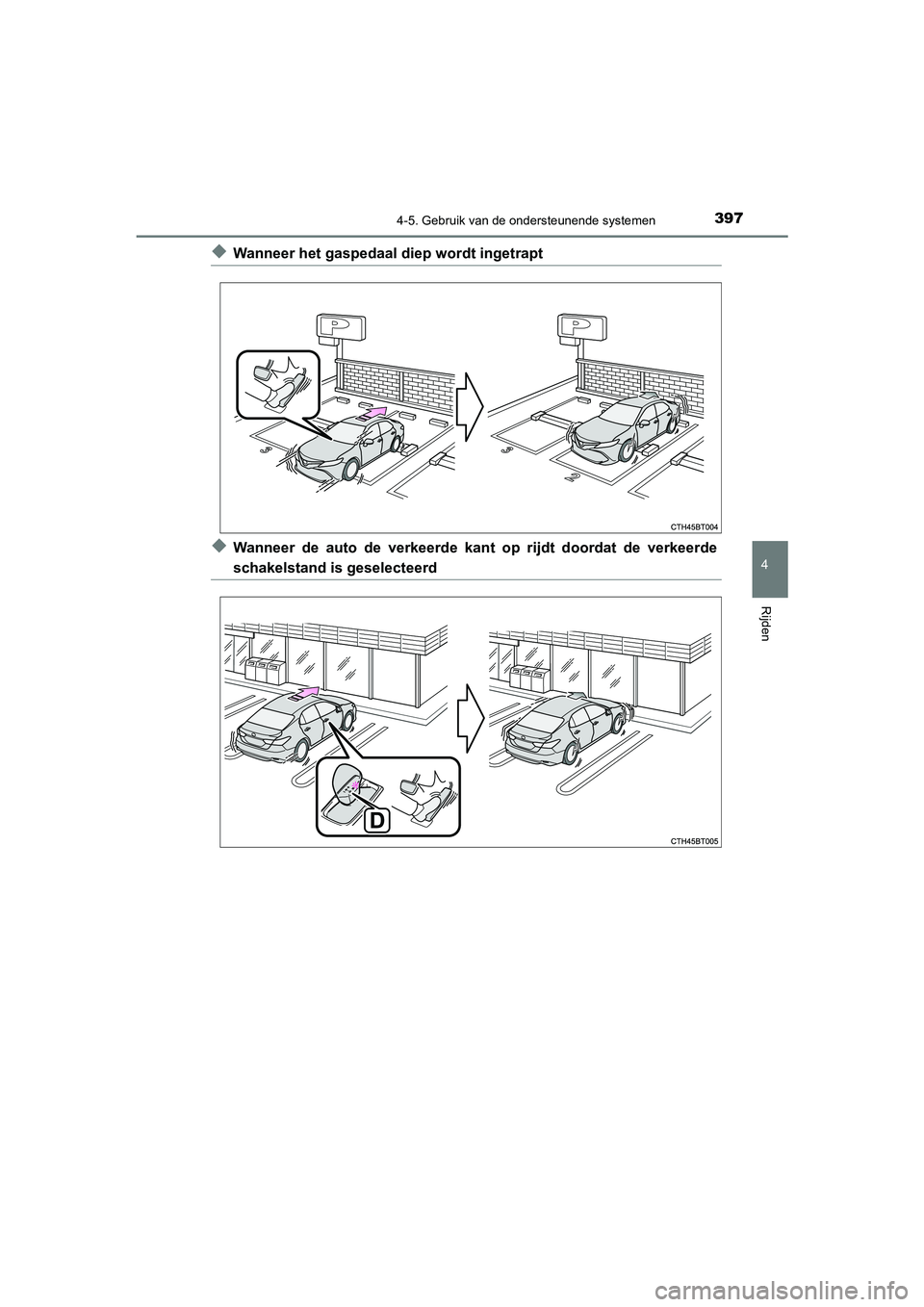TOYOTA CAMRY 2020  Instructieboekje (in Dutch) 3974-5. Gebruik van de ondersteunende systemen
CAMRY_HV_EE
4
Rijden
◆Wanneer het gaspedaal diep wordt ingetrapt
◆Wanneer  de  auto  de  verkeerde  kan t  op  rijdt  doordat  de  verkeerde
schakels