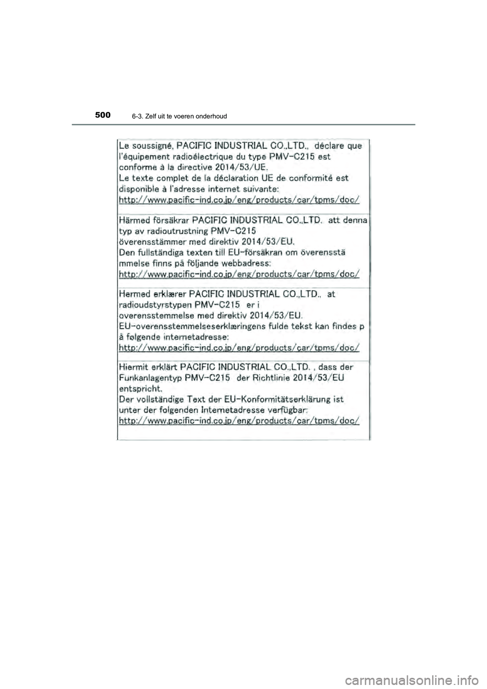 TOYOTA CAMRY 2020 Instructieboekje (in Dutch) 5006-3. Zelf uit te voeren onderhoud
CAMRY_HV_EE
CAMRY_HV_OM_Europe_OM33E11E.book Page 500 Monday, October 7, 2019 12:19 PM TOYOTA CAMRY 2020 Instructieboekje (in Dutch) 5006-3. Zelf uit te voeren onderhoud
CAMRY_HV_EE
CAMRY_HV_OM_Europe_OM33E11E.book Page 500 Monday, October 7, 2019 12:19 PM