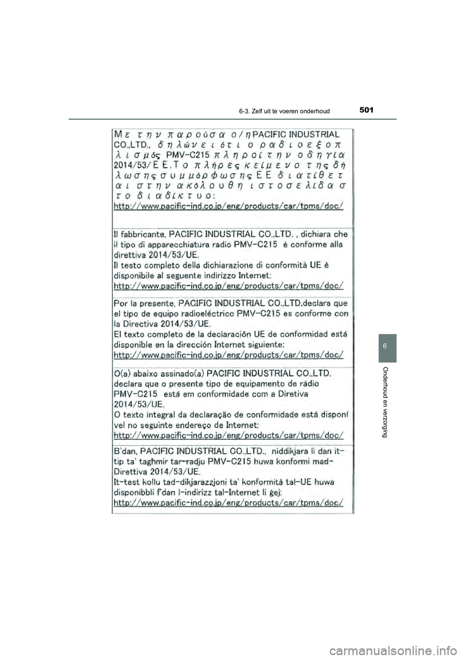 TOYOTA CAMRY 2020 Instructieboekje (in Dutch) 5016-3. Zelf uit te voeren onderhoud
CAMRY_HV_EE
6
Onderhoud en verzorging
CAMRY_HV_OM_Europe_OM33E11E.book Page 501 Monday, October 7, 2019 12:19 PM TOYOTA CAMRY 2020 Instructieboekje (in Dutch) 5016-3. Zelf uit te voeren onderhoud
CAMRY_HV_EE
6
Onderhoud en verzorging
CAMRY_HV_OM_Europe_OM33E11E.book Page 501 Monday, October 7, 2019 12:19 PM