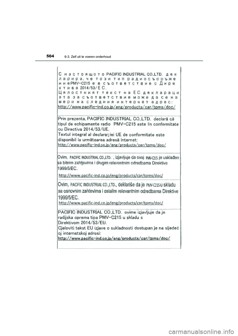 TOYOTA CAMRY 2020 Instructieboekje (in Dutch) 5046-3. Zelf uit te voeren onderhoud
CAMRY_HV_EE
CAMRY_HV_OM_Europe_OM33E11E.book Page 504 Monday, October 7, 2019 12:19 PM TOYOTA CAMRY 2020 Instructieboekje (in Dutch) 5046-3. Zelf uit te voeren onderhoud
CAMRY_HV_EE
CAMRY_HV_OM_Europe_OM33E11E.book Page 504 Monday, October 7, 2019 12:19 PM
