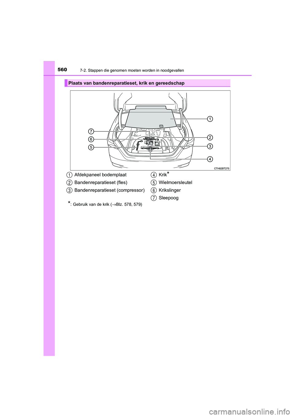 TOYOTA CAMRY 2020 Instructieboekje (in Dutch) 5607-2. Stappen die genomen moeten worden in noodgevallen
CAMRY_HV_EE
*: Gebruik van de krik (→Blz. 578, 579)
Plaats van bandenreparatieset, krik en gereedschap
Afdekpaneel bodemplaat
Bandenreparat TOYOTA CAMRY 2020 Instructieboekje (in Dutch) 5607-2. Stappen die genomen moeten worden in noodgevallen
CAMRY_HV_EE
*: Gebruik van de krik (→Blz. 578, 579)
Plaats van bandenreparatieset, krik en gereedschap
Afdekpaneel bodemplaat
Bandenreparat