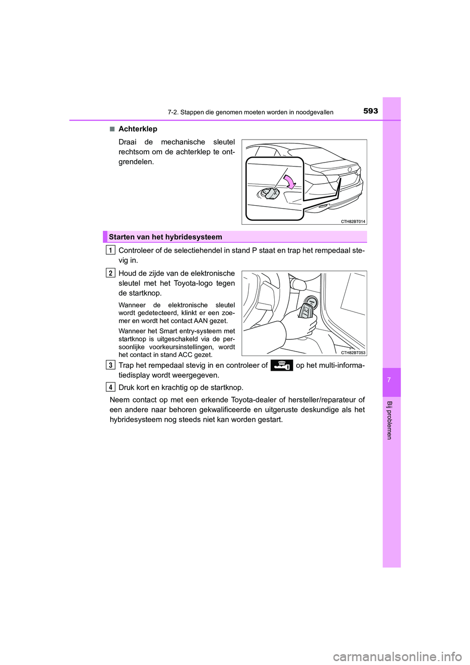 TOYOTA CAMRY 2020  Instructieboekje (in Dutch) 5937-2. Stappen die genomen moeten worden in noodgevallen
CAMRY_HV_EE
7
Bij problemen
■Achterklep
Draai  de  mechanische  sleutel
rechtsom  om  de  achterklep  te  ont-
grendelen.
Controleer of de s