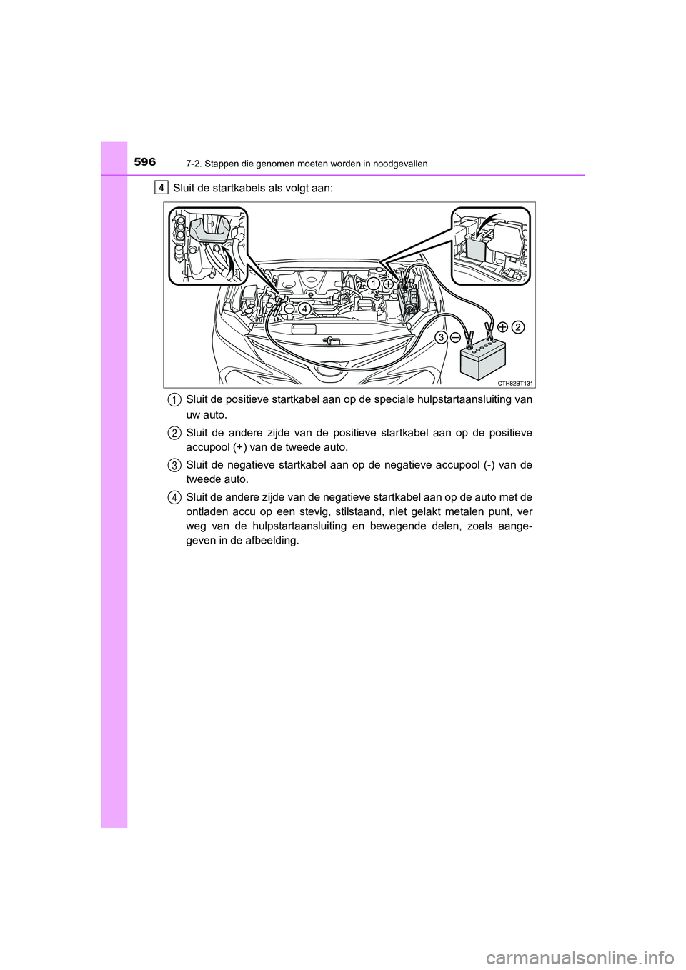 TOYOTA CAMRY 2020  Instructieboekje (in Dutch) 5967-2. Stappen die genomen moeten worden in noodgevallen
CAMRY_HV_EE
Sluit de startkabels als volgt aan:Sluit de positieve startkabel aan op de speciale hulpstartaansl uiting van
uw auto.
Sluit  de  