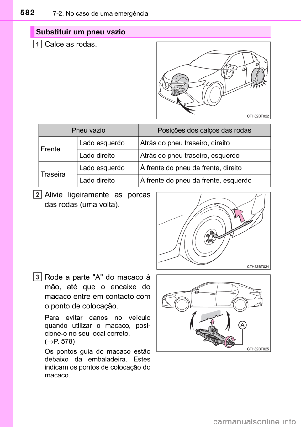 TOYOTA CAMRY 2020  Manual de utilização (in Portuguese) 582������1�R��F�D�V�R��G�H��X�P�D��H�P�H�U�J�r�Q�F�L�D
�&�D�O�F�H��D�V��U�R�G�D�V�
�$�O�L�Y�L�H� �O�L�J�H�L�U�D�P�H�Q�W�H� �D�V� �S�R�U�F�D�V
�G�D�V��U�R�G�D�V���X�P�D��Y�R�O�W�D��