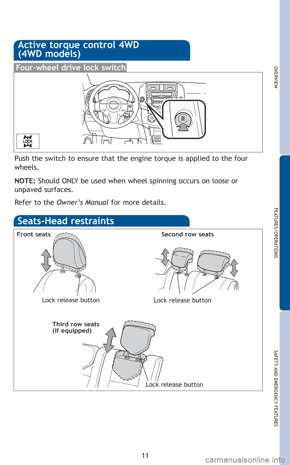 TOYOTA RAV4 2011 XA30 / 3.G Quick Reference Guide 11
OVERVIEW
FEATURES/OPERATIONS
SAFETY AND EMERGENCY FEATURES
Auto lock functions
Four-wheel drive lock switch
Push the switch to ensure that the engine torque is applied to the four
wheels.
NOTE: Sho TOYOTA RAV4 2011 XA30 / 3.G Quick Reference Guide 11
OVERVIEW
FEATURES/OPERATIONS
SAFETY AND EMERGENCY FEATURES
Auto lock functions
Four-wheel drive lock switch
Push the switch to ensure that the engine torque is applied to the four
wheels.
NOTE: Sho