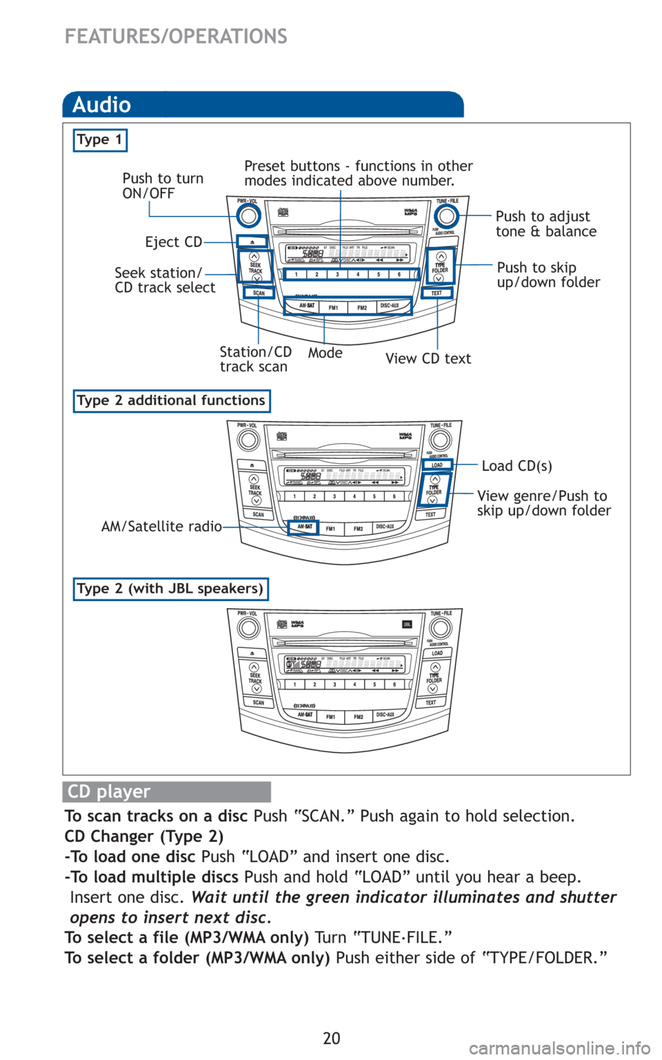 TOYOTA RAV4 2011 XA30 / 3.G Quick Reference Guide 20
CD player
To scan tracks on a disc Push “SCAN.” Push again to hold selection.
CD Changer (Type 2)
-To load one disc Push “LOAD” and insert one disc.
-To load multiple discs Push and hold TOYOTA RAV4 2011 XA30 / 3.G Quick Reference Guide 20
CD player
To scan tracks on a disc Push “SCAN.” Push again to hold selection.
CD Changer (Type 2)
-To load one disc Push “LOAD” and insert one disc.
-To load multiple discs Push and hold