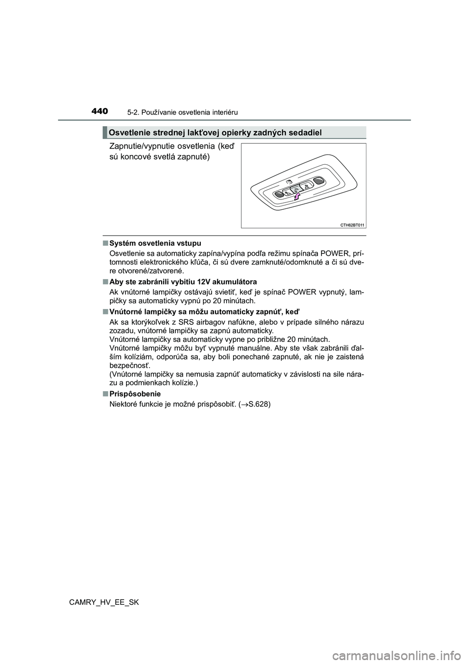 TOYOTA CAMRY 2020  Návod na použitie (in Slovakian) 4405-2. Používanie osvetlenia interiéru
CAMRY_HV_EE_SK
Zapnutie/vypnutie  osvetlenia  (keď 
sú koncové svetlá zapnuté)
■ Systém osvetlenia vstupu 
Osvetlenie sa automaticky zapína/vypína 