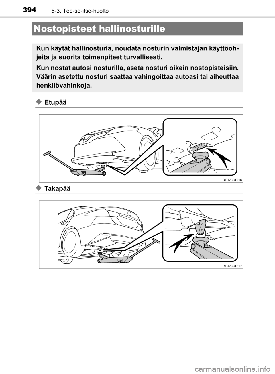 TOYOTA CAMRY 2020  Omistajan Käsikirja (in Finnish) 3946-3. Tee-se-itse-huolto
CAMRY_HV_OM33E11FI
uEtupää
uTa k a p ä ä
Nostopisteet hallinosturille
Kun käytät hallinosturia, noudata nosturin  valmistajan käyttöoh-
jeita ja suorita toime npitee