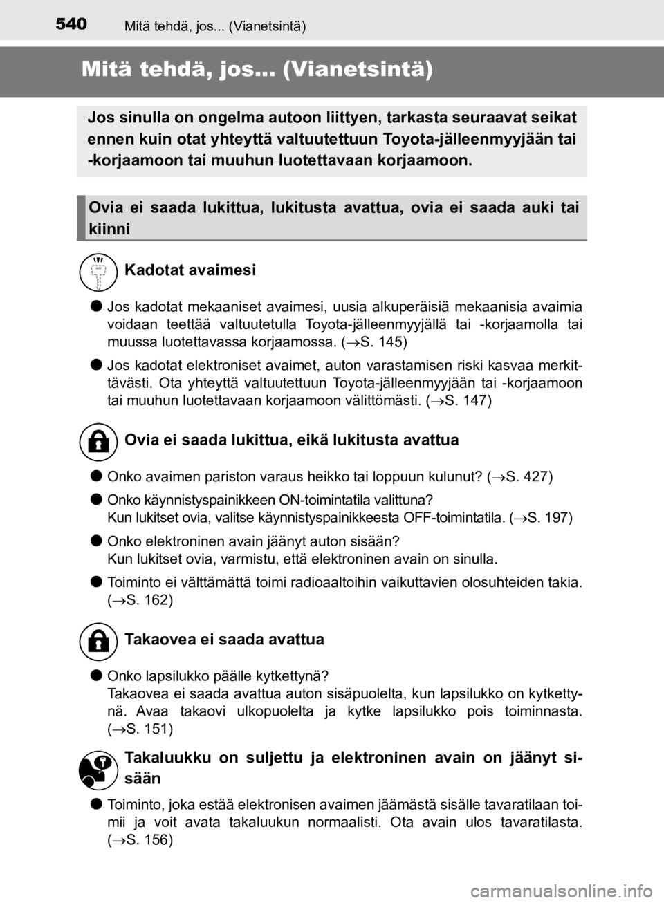 TOYOTA CAMRY 2020  Omistajan Käsikirja (in Finnish) 540
CAMRY_HV_OM33E11FI
Mitä tehdä, jos... (Vianetsintä)
Mitä tehdä, jos... (Vianetsintä)
lJos kadotat mekaaniset avaimesi, uusia alkuperäisiä mekaanisia avaimia
voidaan teettää valtuutetulla