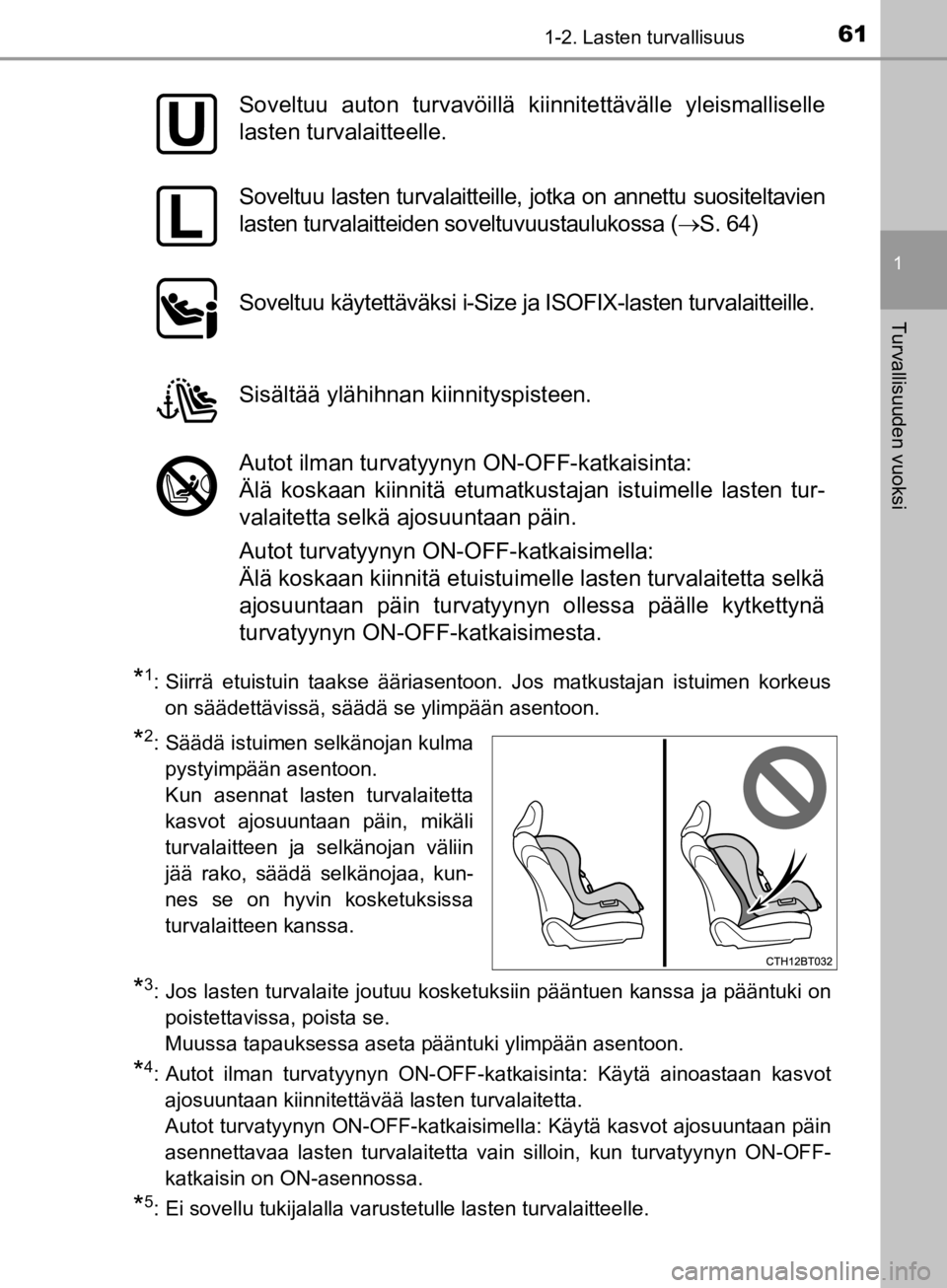TOYOTA CAMRY 2020 Omistajan Käsikirja (in Finnish) 611-2. Lasten turvallisuus
1
Turvallisuuden vuoksi
CAMRY_HV_OM33E11FI
*1: Siirrä etuistuin taakse ääriasentoon. Jos matkustajan istuimen korkeuson säädettävissä, säädä se ylimpään asentoon TOYOTA CAMRY 2020 Omistajan Käsikirja (in Finnish) 611-2. Lasten turvallisuus
1
Turvallisuuden vuoksi
CAMRY_HV_OM33E11FI
*1: Siirrä etuistuin taakse ääriasentoon. Jos matkustajan istuimen korkeuson säädettävissä, säädä se ylimpään asentoon