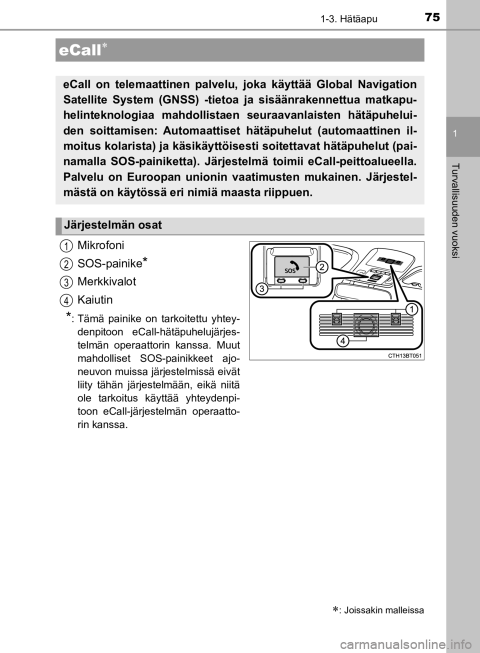TOYOTA CAMRY 2020 Omistajan Käsikirja (in Finnish) 75
1
Turvallisuuden vuoksi
CAMRY_HV_OM33E11FI
1-3. Hätäapu
Mikrofoni
SOS-painike
*
Merkkivalot
Kaiutin
*: Tämä painike on tarkoitettu yhtey-denpitoon eCall-hätäpuhelujärjes-
telmän operaattori TOYOTA CAMRY 2020 Omistajan Käsikirja (in Finnish) 75
1
Turvallisuuden vuoksi
CAMRY_HV_OM33E11FI
1-3. Hätäapu
Mikrofoni
SOS-painike
*
Merkkivalot
Kaiutin
*: Tämä painike on tarkoitettu yhtey-denpitoon eCall-hätäpuhelujärjes-
telmän operaattori