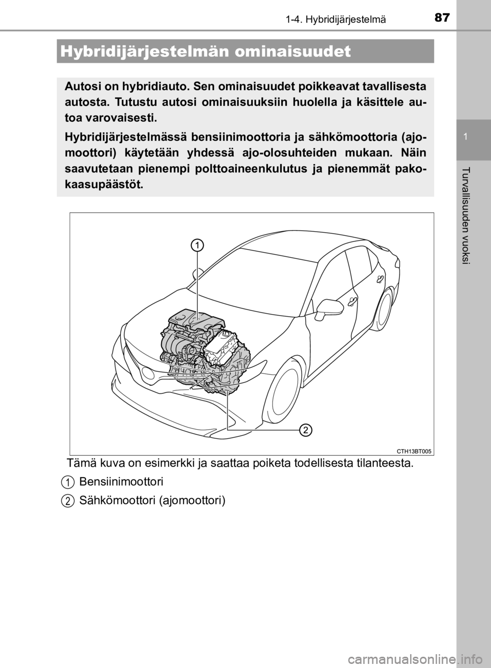 TOYOTA CAMRY 2020 Omistajan Käsikirja (in Finnish) 87
1
Turvallisuuden vuoksi
CAMRY_HV_OM33E11FI
1-4. Hybridijärjestelmä
Tämä kuva on esimerkki ja saattaa poiketa todellisesta tilanteesta.
Bensiinimoottori
Sähkömoottori (ajomoottori)
Hybridijär TOYOTA CAMRY 2020 Omistajan Käsikirja (in Finnish) 87
1
Turvallisuuden vuoksi
CAMRY_HV_OM33E11FI
1-4. Hybridijärjestelmä
Tämä kuva on esimerkki ja saattaa poiketa todellisesta tilanteesta.
Bensiinimoottori
Sähkömoottori (ajomoottori)
Hybridijär