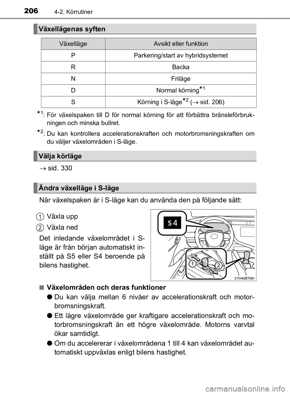 TOYOTA CAMRY 2020 Bruksanvisningar (in Swedish) 2064-2. Körrutiner
CAMRY_HV_OM33E11SE
*1: För växelspaken till D för normal körning för att förbättra bränsleförbruk-ningen och minska bullret.
*2: Du kan kontrollera accelerationskraften oc TOYOTA CAMRY 2020 Bruksanvisningar (in Swedish) 2064-2. Körrutiner
CAMRY_HV_OM33E11SE
*1: För växelspaken till D för normal körning för att förbättra bränsleförbruk-ningen och minska bullret.
*2: Du kan kontrollera accelerationskraften oc