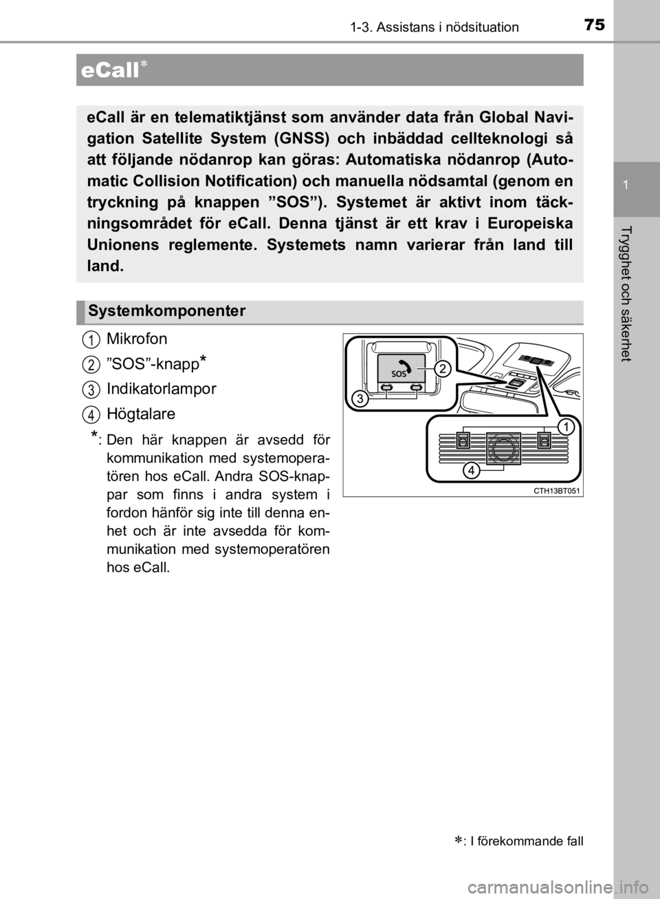 TOYOTA CAMRY 2020 Bruksanvisningar (in Swedish) 75
1
Trygghet och säkerhet
CAMRY_HV_OM33E11SE
1-3. Assistans i nödsituation
Mikrofon
”SOS”-knapp
*
Indikatorlampor
Högtalare
*: Den här knappen är avsedd förkommunikation med systemopera-
t TOYOTA CAMRY 2020 Bruksanvisningar (in Swedish) 75
1
Trygghet och säkerhet
CAMRY_HV_OM33E11SE
1-3. Assistans i nödsituation
Mikrofon
”SOS”-knapp
*
Indikatorlampor
Högtalare
*: Den här knappen är avsedd förkommunikation med systemopera-
t