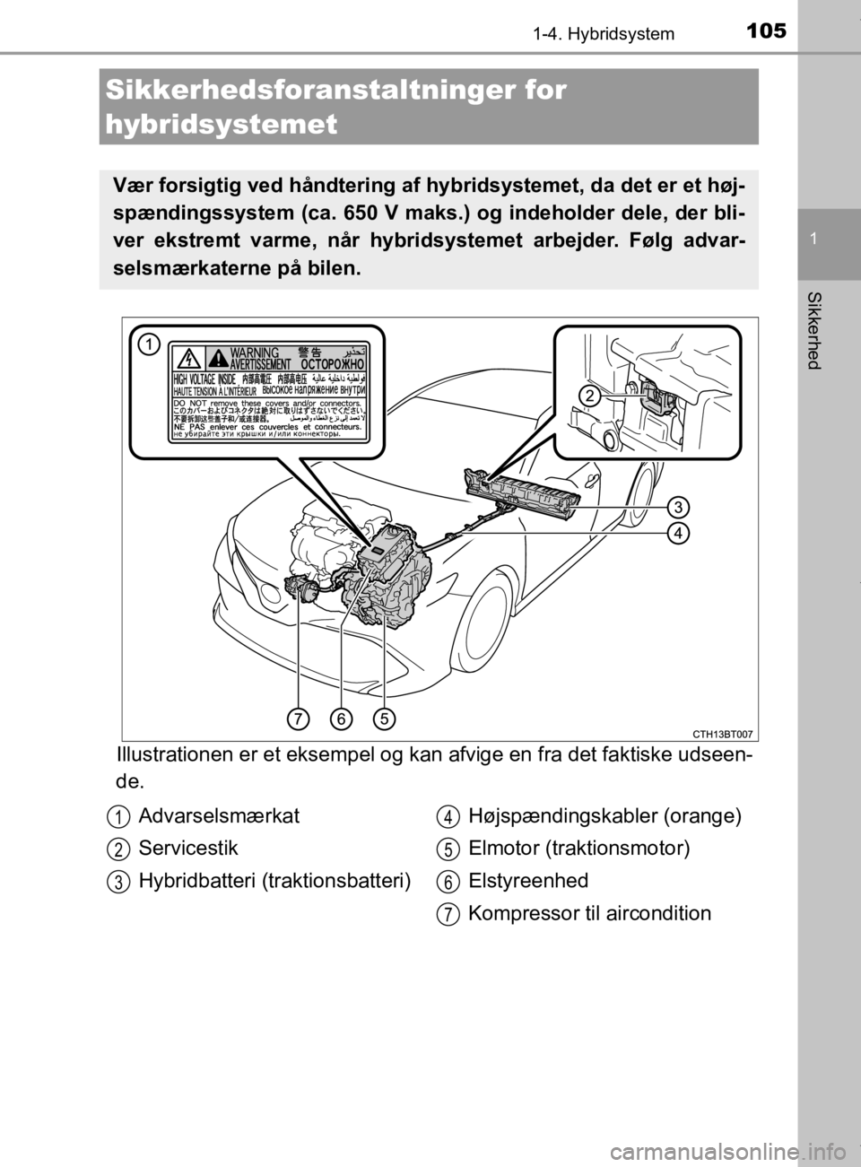TOYOTA CAMRY 2019  Brugsanvisning (in Danish) 1051-4. Hybridsystem
1
Sikkerhed
OM33E11DK
Illustrationen er et eksempel og kan afvige en fra det faktiske udseen-
de.
Sikkerhedsforanstaltninger for 
hybridsystemet
Vær forsigtig ved håndtering af 