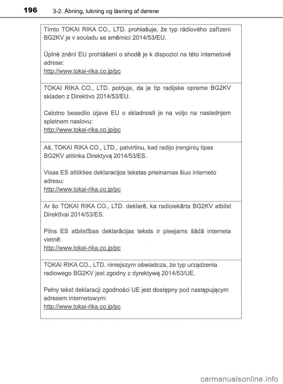 TOYOTA CAMRY 2019  Brugsanvisning (in Danish) 1963-2. Åbning, lukning og låsning af dørene
OM33E11DK
OM33E11DK.book  Page 196  Monday, March 9, 2020  1:49 PM 