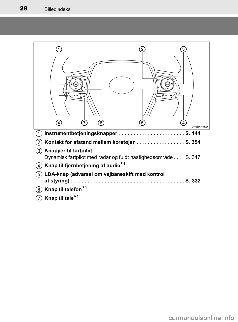 TOYOTA CAMRY 2019 Brugsanvisning (in Danish) 28Billedindeks
OM33E11DKInstrumentbetjeningsknapper . . . . . . . . . . . . . . . . . . . . . . . S. 144
Kontakt for afstand mellem køretøjer . . . . . . . . . . . . . . . . . S. 354
Knapper til f TOYOTA CAMRY 2019 Brugsanvisning (in Danish) 28Billedindeks
OM33E11DKInstrumentbetjeningsknapper . . . . . . . . . . . . . . . . . . . . . . . S. 144
Kontakt for afstand mellem køretøjer . . . . . . . . . . . . . . . . . S. 354
Knapper til f