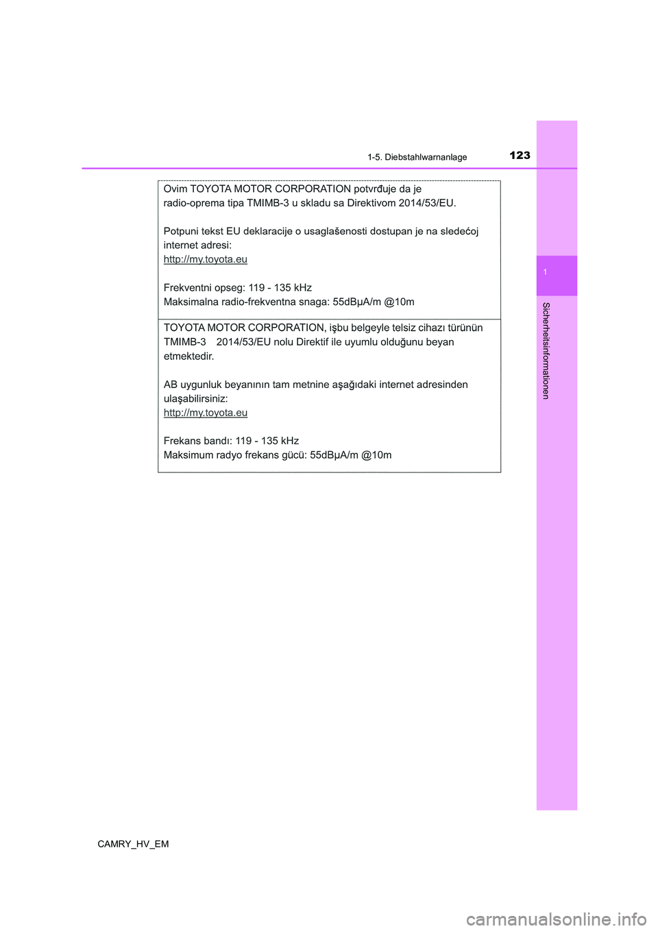 TOYOTA CAMRY 2019  Betriebsanleitungen (in German) 1231-5. Diebstahlwarnanlage
1
Sicherheitsinformationen
CAMRY_HV_EM 