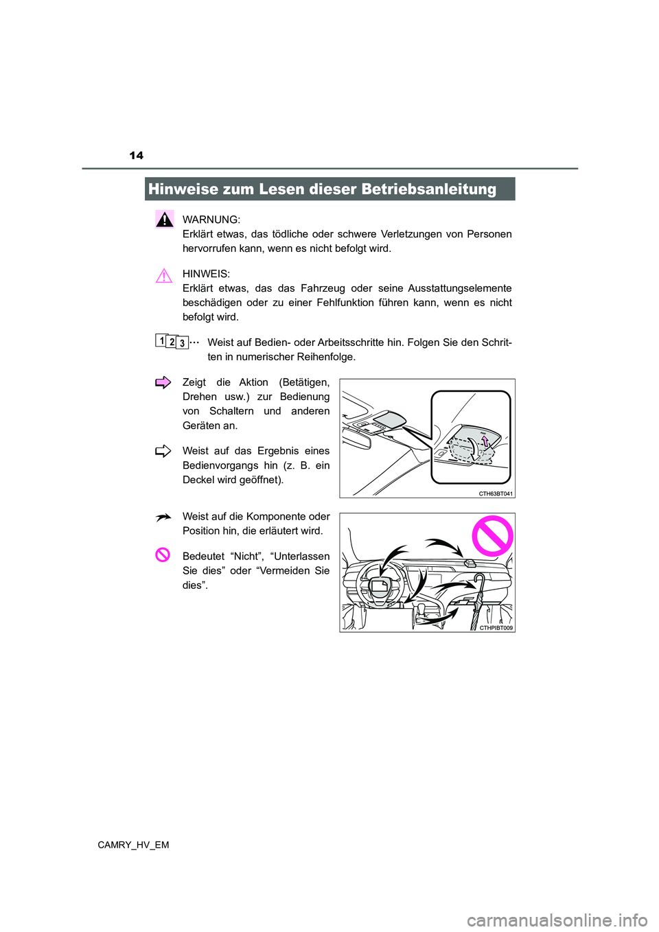 TOYOTA CAMRY 2019 Betriebsanleitungen (in German) 14
CAMRY_HV_EM
WARNUNG:
Erklärt etwas, das tödliche oder schwere Verletzungen von Personen
hervorrufen kann, wenn es nicht befolgt wird.
HINWEIS:
Erklärt etwas, das das Fahrzeug oder seine Aussta TOYOTA CAMRY 2019 Betriebsanleitungen (in German) 14
CAMRY_HV_EM
WARNUNG:
Erklärt etwas, das tödliche oder schwere Verletzungen von Personen
hervorrufen kann, wenn es nicht befolgt wird.
HINWEIS:
Erklärt etwas, das das Fahrzeug oder seine Aussta