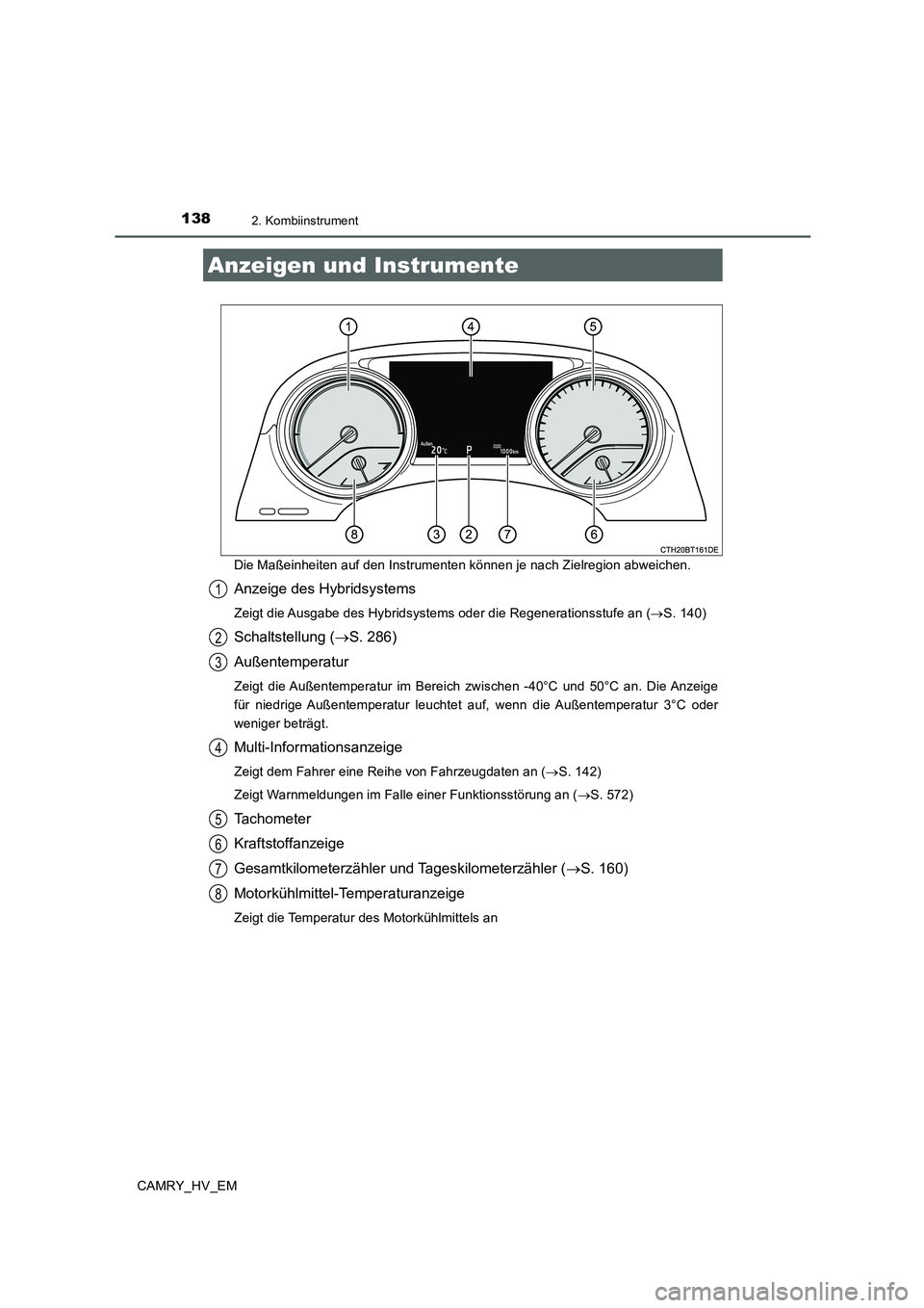 TOYOTA CAMRY 2019 Betriebsanleitungen (in German) 1382. Kombiinstrument
CAMRY_HV_EMDie Maßeinheiten auf den Instrumenten können je nach Zielregion abweichen.
Anzeige des Hybridsystems
Zeigt die Ausgabe des Hybridsystems oder die Regenerationsstufe TOYOTA CAMRY 2019 Betriebsanleitungen (in German) 1382. Kombiinstrument
CAMRY_HV_EMDie Maßeinheiten auf den Instrumenten können je nach Zielregion abweichen.
Anzeige des Hybridsystems
Zeigt die Ausgabe des Hybridsystems oder die Regenerationsstufe