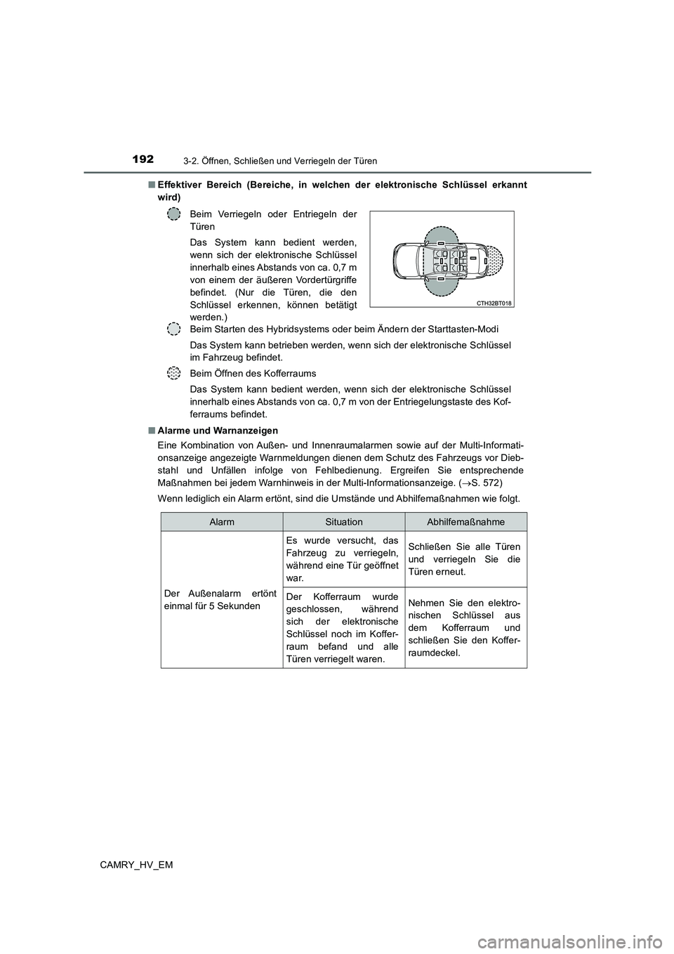TOYOTA CAMRY 2019  Betriebsanleitungen (in German) 1923-2. Öffnen, Schließen und Verriegeln der Türen
CAMRY_HV_EM■Effektiver Bereich (Bereiche, in welchen der elektronische Schlüssel erkannt
wird)
■Alarme und Warnanzeigen
Eine Kombination von 