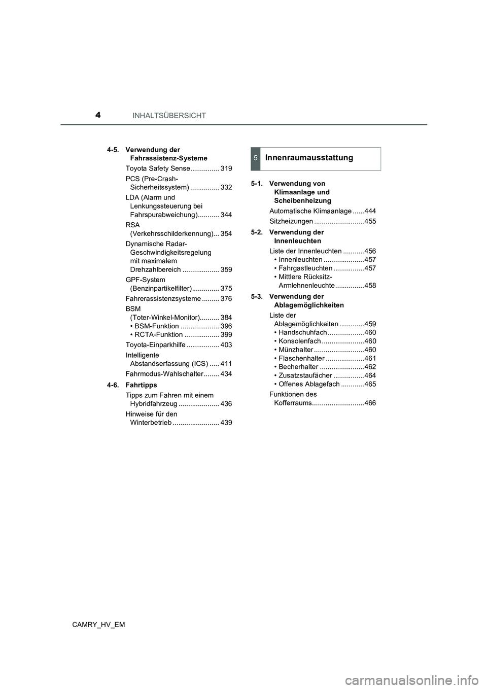 TOYOTA CAMRY 2019  Betriebsanleitungen (in German) INHALTSÜBERSICHT4
CAMRY_HV_EM4-5. Verwendung der 
Fahrassistenz-Systeme
Toyota Safety Sense............... 319
PCS (Pre-Crash-
Sicherheitssystem) ............... 332
LDA (Alarm und 
Lenkungssteuerung