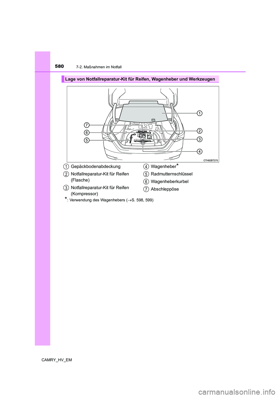 TOYOTA CAMRY 2019 Betriebsanleitungen (in German) 5807-2. Maßnahmen im Notfall
CAMRY_HV_EM
*: Verwendung des Wagenhebers (→S. 598, 599)
Lage von Notfallreparatur-Kit für Reifen, Wagenheber und Werkzeugen
Gepäckbodenabdeckung
Notfallreparatur-Ki TOYOTA CAMRY 2019 Betriebsanleitungen (in German) 5807-2. Maßnahmen im Notfall
CAMRY_HV_EM
*: Verwendung des Wagenhebers (→S. 598, 599)
Lage von Notfallreparatur-Kit für Reifen, Wagenheber und Werkzeugen
Gepäckbodenabdeckung
Notfallreparatur-Ki