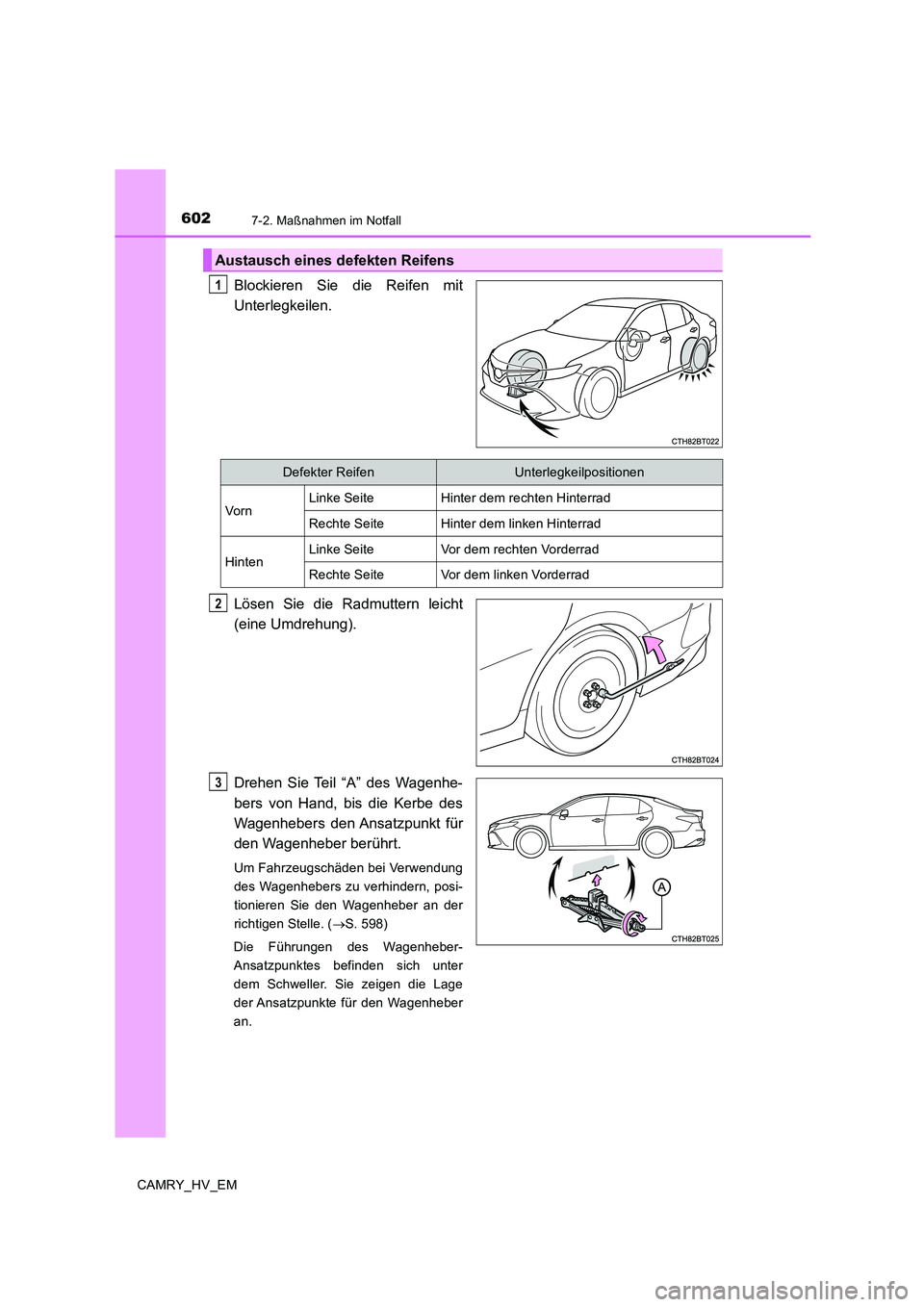 TOYOTA CAMRY 2019  Betriebsanleitungen (in German) 6027-2. Maßnahmen im Notfall
CAMRY_HV_EM
Blockieren Sie die Reifen mit
Unterlegkeilen.
Lösen Sie die Radmuttern leicht
(eine Umdrehung).
Drehen Sie Teil “A” des Wagenhe-
bers von Hand, bis die K