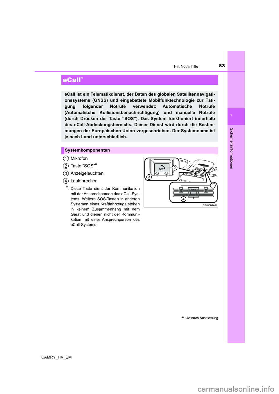 TOYOTA CAMRY 2019 Betriebsanleitungen (in German) 83
1
Sicherheitsinformationen
CAMRY_HV_EM
1-3. Notfallhilfe
Mikrofon
Ta s t e “ S O S ”
*
Anzeigeleuchten
Lautsprecher
*: Diese Taste dient der Kommunikation
mit der Ansprechperson des eCall-Sys- TOYOTA CAMRY 2019 Betriebsanleitungen (in German) 83
1
Sicherheitsinformationen
CAMRY_HV_EM
1-3. Notfallhilfe
Mikrofon
Ta s t e “ S O S ”
*
Anzeigeleuchten
Lautsprecher
*: Diese Taste dient der Kommunikation
mit der Ansprechperson des eCall-Sys-